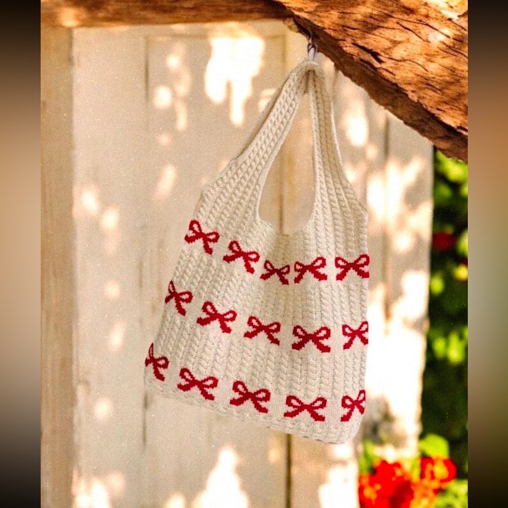 Coquette Bow Knit Tote Bag Cottagecore Book Bag Soft Girl Aesthetic Market Tote